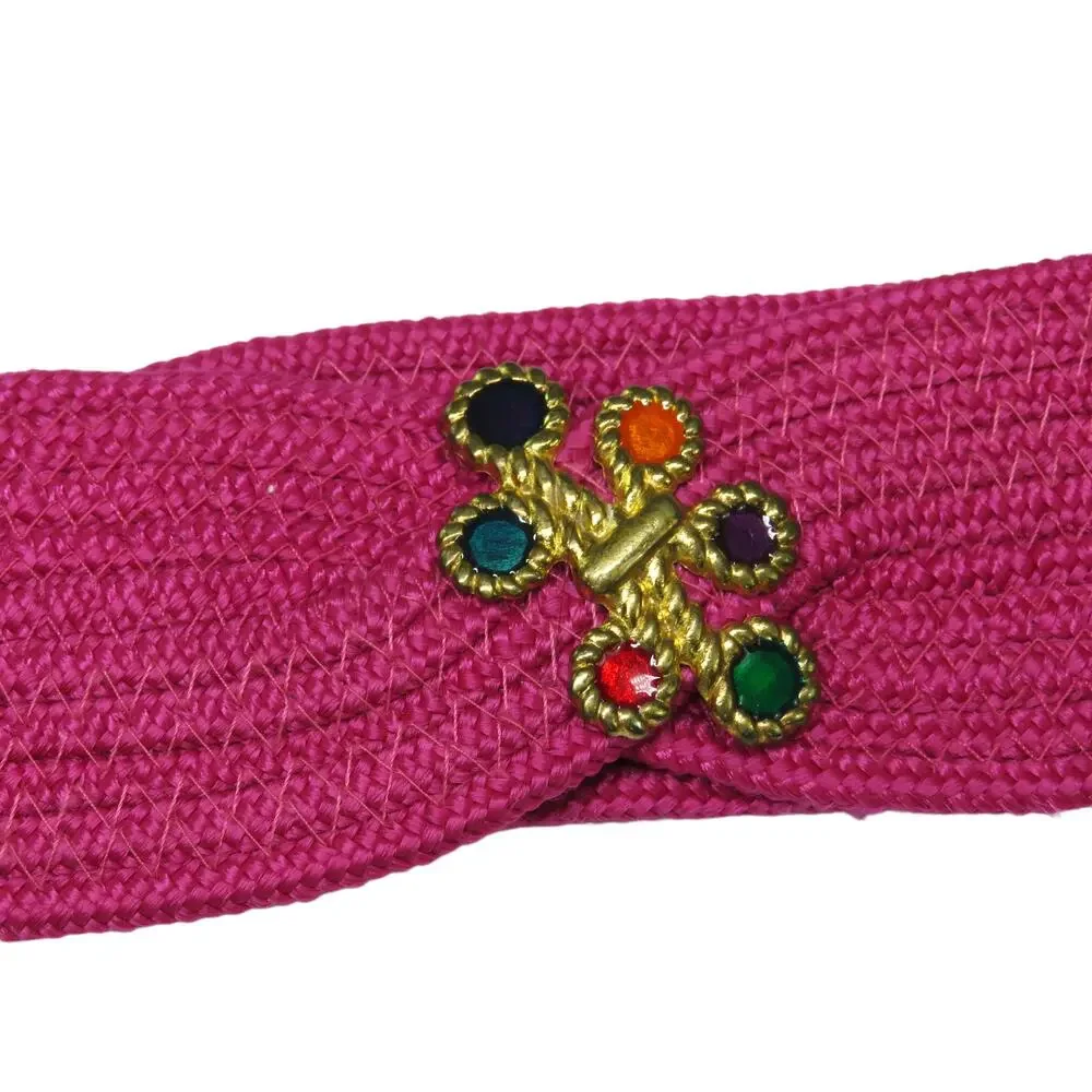 Vintage Hot Pink Woven Belt with Multicolor Rainbow Gem Rhinestones Retro Belt